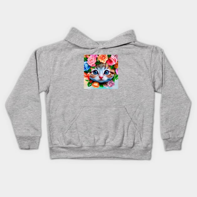 Adorable Kitten in Flowers Wreath Kids Hoodie by AnnieDreams